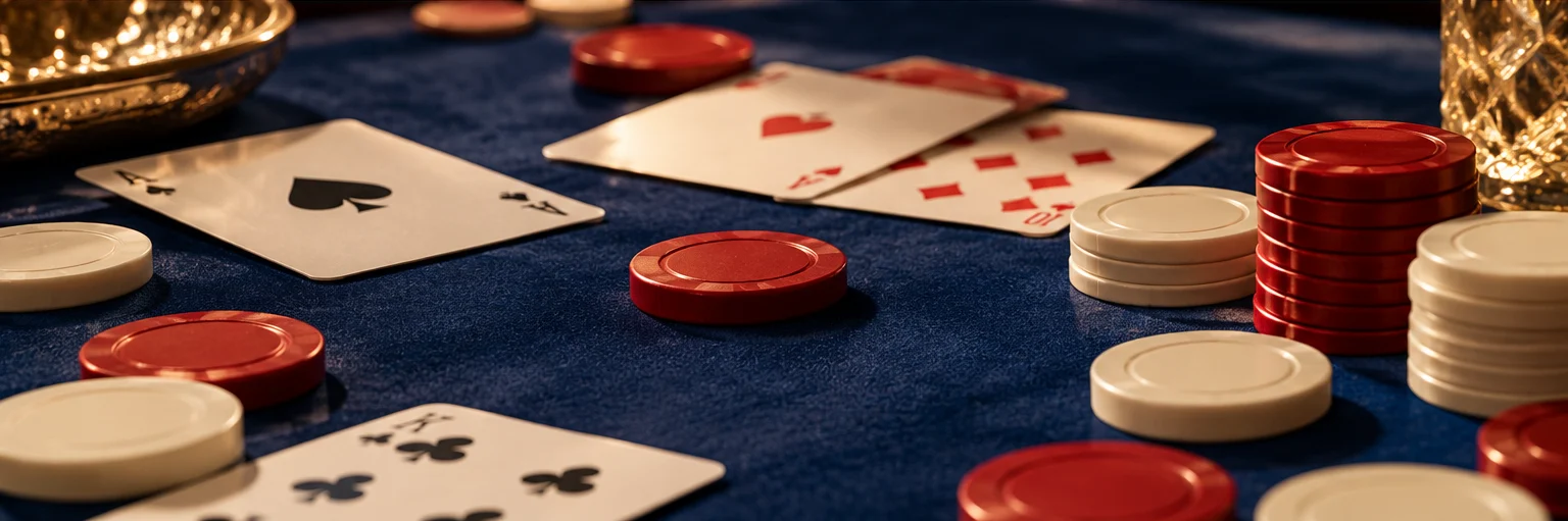 Illustrative cards and game tokens on a casino-themed table